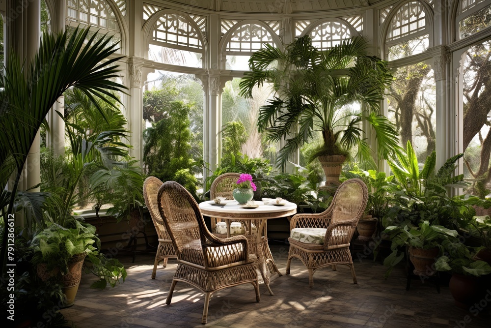 Fototapeta premium Potted Palms and Silk Tassel Elegance: Victorian Tea Garden Patio Inspirations