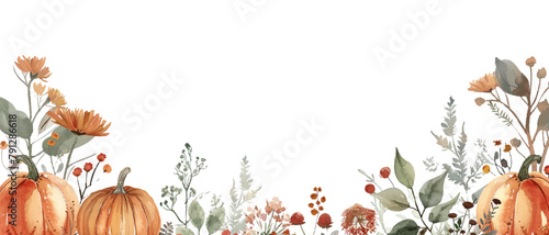 Watercolor autumn border with pumpkins, leaves and wildflowers on a white background