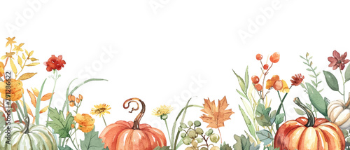 Watercolor autumn border with pumpkins, leaves and wildflowers on a white background