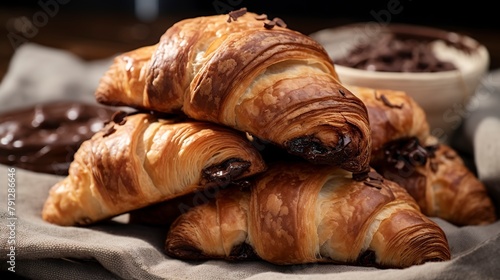 Chocolate croissants, close-up, with layers of flaky pastry and dark chocolate strips visible, on a linen napkin.