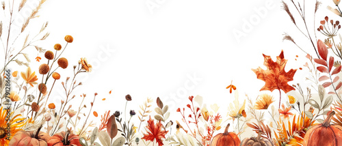 Watercolor autumn border with pumpkins, leaves and wildflowers on a white background