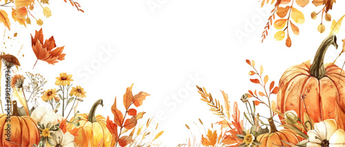 Watercolor autumn border with pumpkins, leaves and wildflowers on a white background