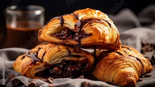 Chocolate croissants, close-up, with layers of flaky pastry and dark chocolate strips visible, on a linen napkin.  photo