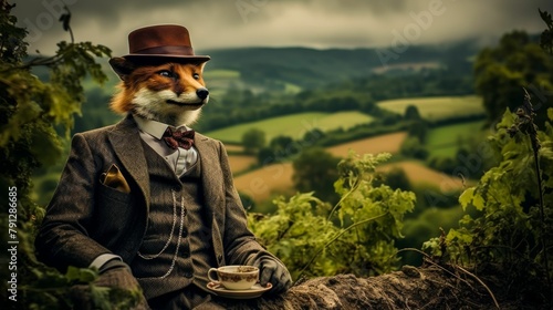 Picture a dapper fox in a tailored tweed suit, complete with a bowler hat and a monocle. Against a backdrop of English countryside, it exudes old-world charm and gentlemanly grace. Mood: refined and s photo