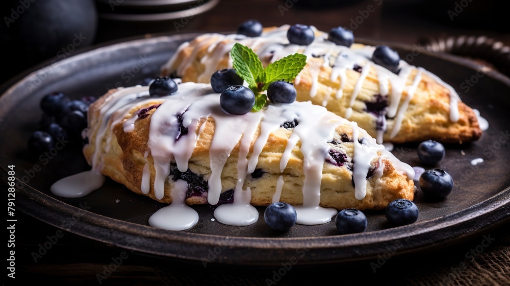 Freshly baked blueberry scones, close-up, with a light sugar glaze, on a slate serving platter in a cozy coffee shop. Freshly baked blueberry scones, close-up, with a light sugar glaze, on a slate serving platter in a cozy coffee shop.