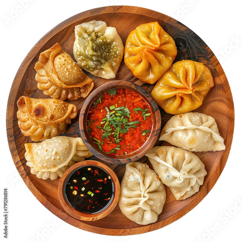 Nepalese traditional dumpling momos (steamed / fried) served with tomato chutney, Shewan sauce, isolated on white background. photo