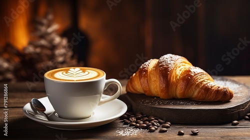 Close-up of a steaming latte with intricate latte art, in a ceramic cup on a rustic wooden table, next to a croissant.