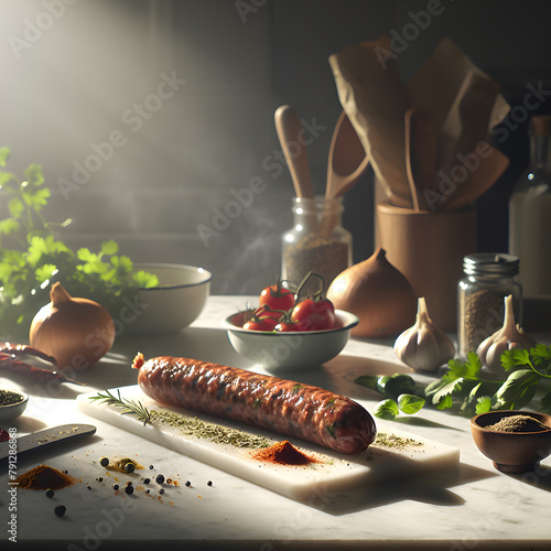 Spicy Sujukh Sausage Preparation on Marble Counter photo