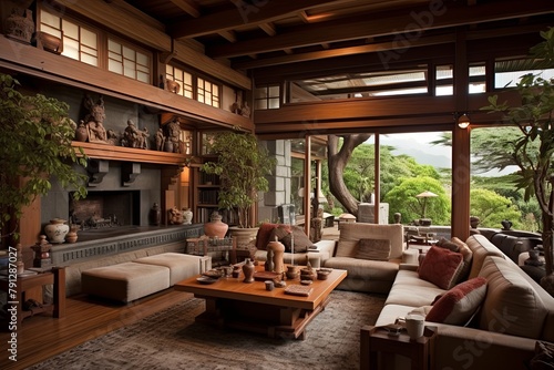 Zen Temple Wooden Beam Living Room: Traditional Touch Inspirations © Michael