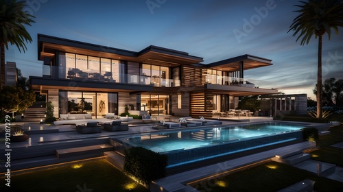 Luxury house with swimming pool and patio at night. Panorama © Iman