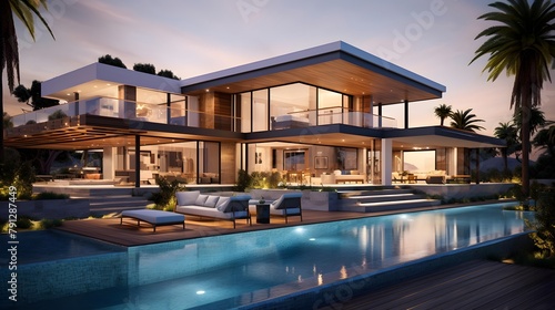 Panoramic view of modern house with swimming pool at sunset.