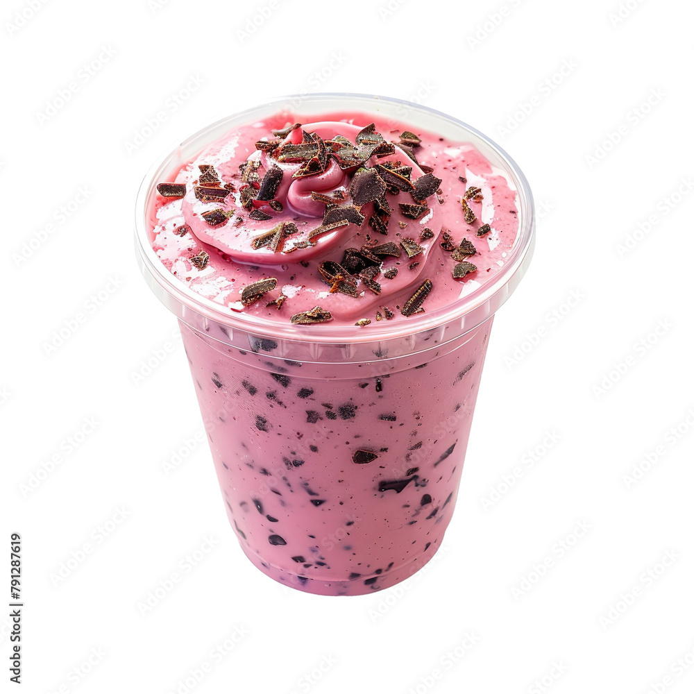 A light pink smoothie in a plastic cup with sporadic chocolate flakes inside of it, on white background. A light pink smoothie in a plastic cup with sporadic chocolate flakes inside of it, on white background.