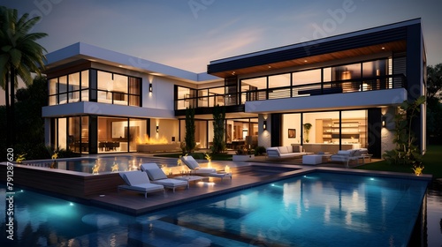 Modern Luxury Home with Pool and Terrace at Sunset. Panorama