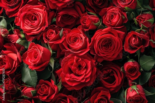 A backdrop of red roses  Natural fresh red roses flowers pattern wallpaper. top view  Ai generated