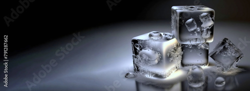 Close-up crystals of transparent ice cube isolated on white background. AI generated.