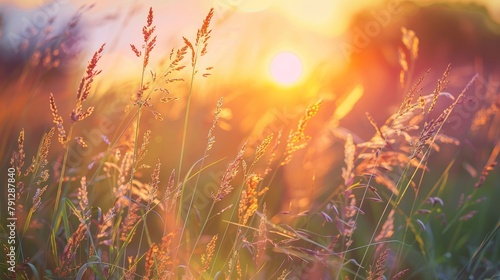 Tranquil sunset countryside with blooming wild grass  idyllic pastoral scenery in warm light