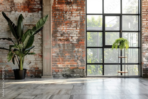 Modern loft style room with large window and brick wall, plant decoration in interior