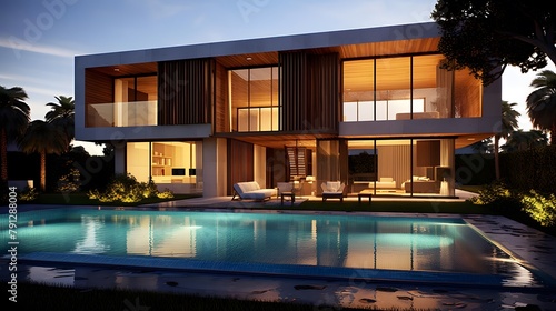 Modern Luxury Home With Pool And Terrace At Sunset - Panorama © Iman