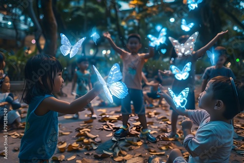 Children Exploring a Magical Augmented Reality Butterfly Garden in a Vibrant Park in Manila Philippines