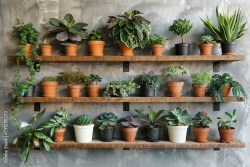 Rustic wooden wall shelves with beautiful greenery in pots for home decoration and plant display