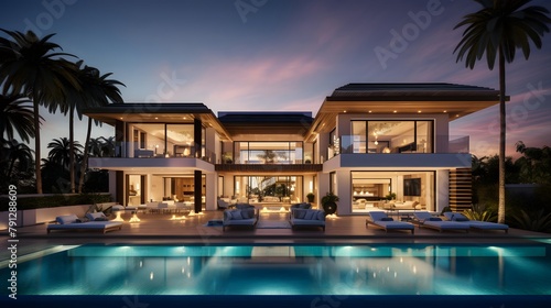 Luxury modern house with swimming pool at night. Panorama