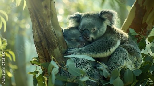 A pair of koalas nestled together in the branches of a eucalyptus tree, peacefully dozing photo