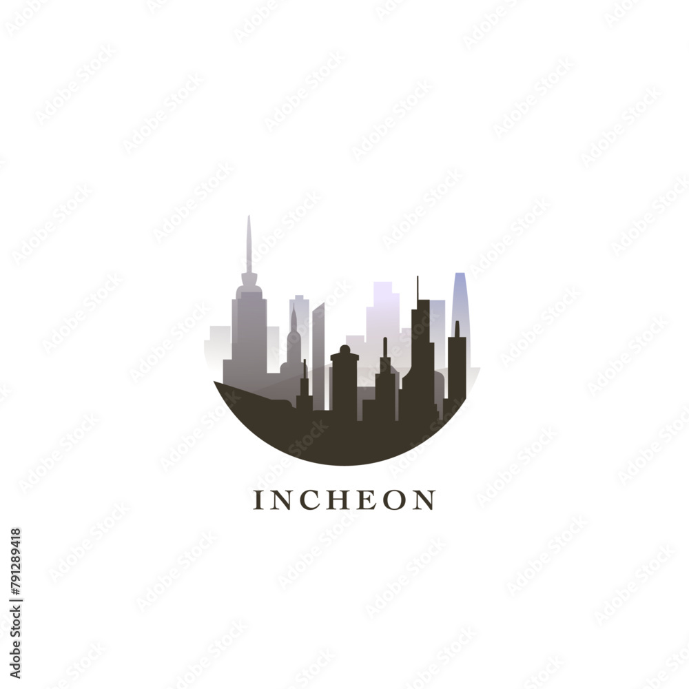 Incheon cityscape, gradient vector badge, flat skyline logo, icon. South Korea city round emblem idea with landmarks and building silhouettes. Isolated graphic Incheon cityscape, gradient vector badge, flat skyline logo, icon. South Korea city round emblem idea with landmarks and building silhouettes. Isolated graphic