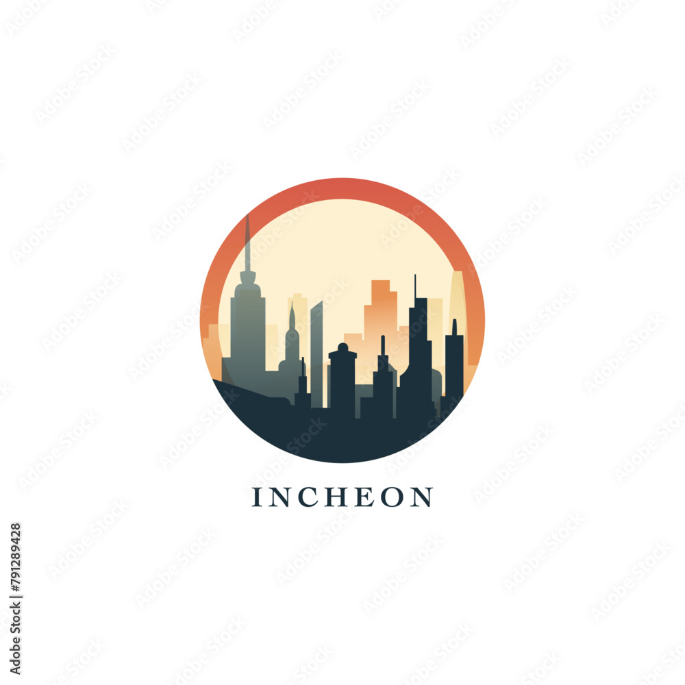 Fototapeta premium Incheon cityscape, gradient vector badge, flat skyline logo, icon. South Korea city round emblem idea with landmarks and building silhouettes. Isolated graphic