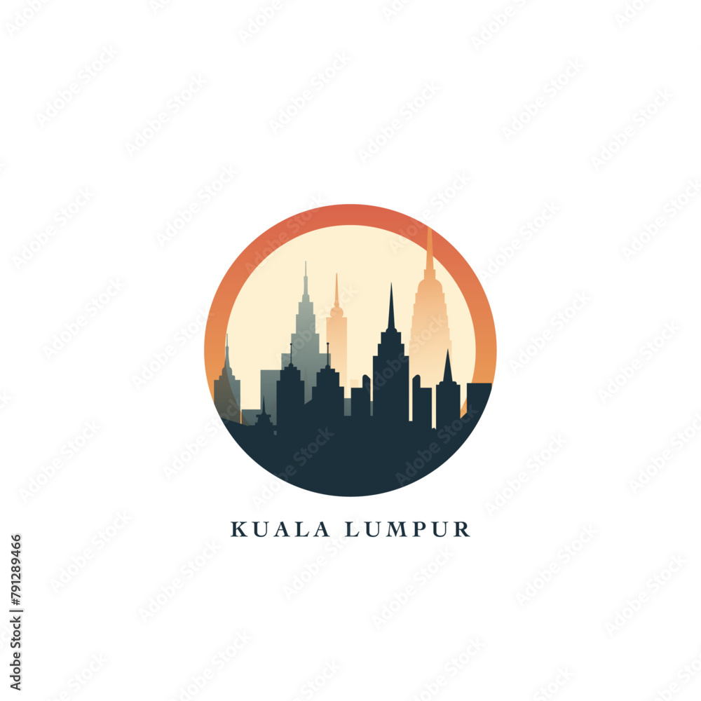 Kuala Lumpur cityscape, gradient vector badge, flat skyline logo, icon. Malaysia city round emblem idea with landmarks and building silhouettes. Isolated graphic
