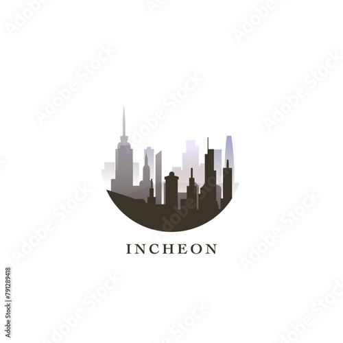 Incheon cityscape, gradient vector badge, flat skyline logo, icon. South Korea city round emblem idea with landmarks and building silhouettes. Isolated graphic
