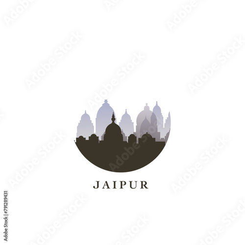 Jaipur cityscape, gradient vector badge, flat skyline logo, icon. India, Rajasthan state city round emblem idea with landmarks and building silhouettes. Isolated graphic