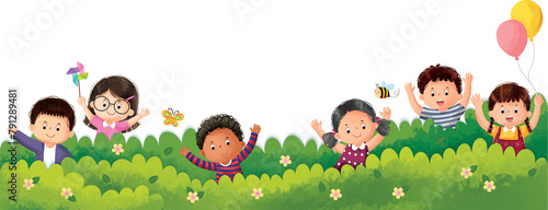 children playing in the garden hand-drawn cartoon illustration
