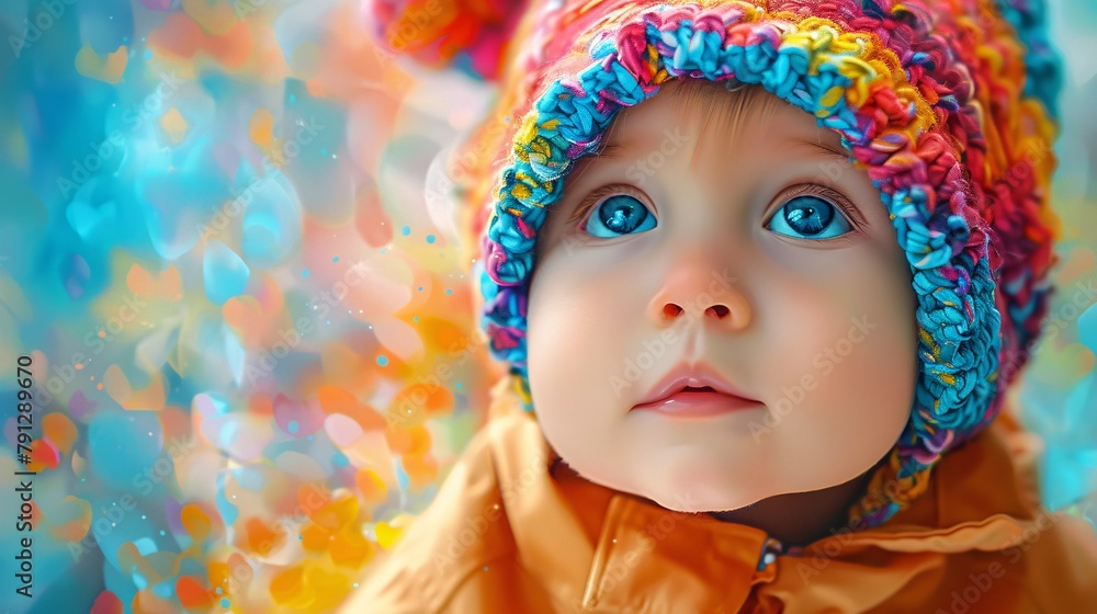 a captivating popup poster featuring an adorable baby portrait in vibrant digital art. Highlight cuteness with vivid colors