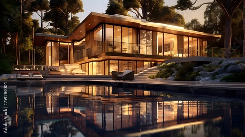 Panoramic view of modern luxury house with swimming pool in the evening © Iman