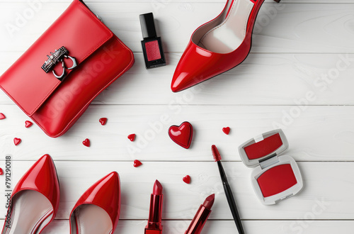 Red high heels, a red purse and makeup items on a white wooden table in a flat lay