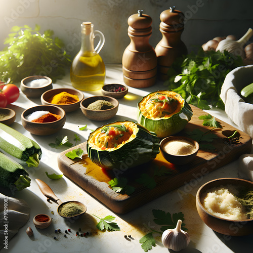 Kousa Mahshi Stuffed Zucchini on Marble Countertop photo