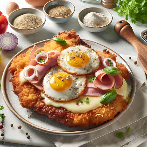 Milanesa a Caballo Steak with Herbs on Marble Counter