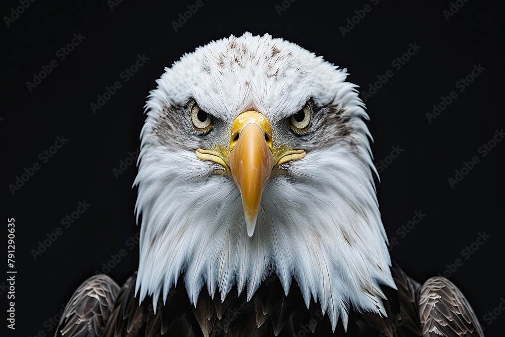 A closeup of a bald eagle looking straight into the camrea, on black background A closeup of a bald eagle looking straight into the camrea, on black background