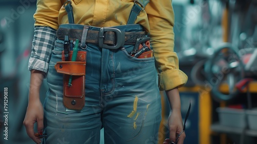 A detailed shot of a young woman's tool belt in a professional mechanics uniform, highlighting her preparedness for work