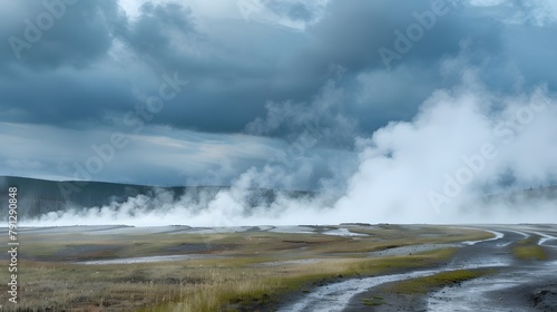 SA, Wyoming, Yellowstone National Park, Firehole Lake Drive, steam from hot springs rising