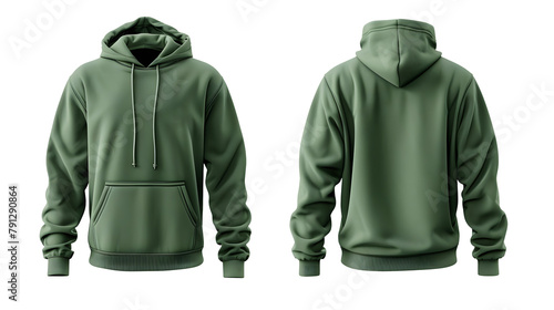 Front and back view of a green hoodie with no print on transparent background