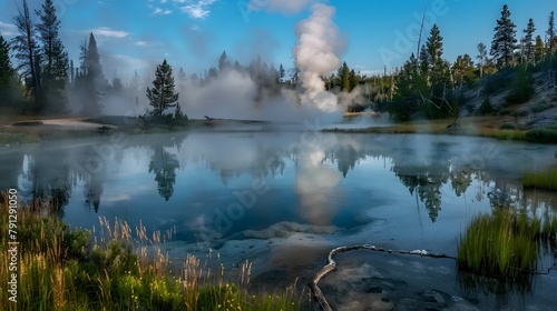 SA, Wyoming, Yellowstone National Park, Firehole Lake Drive, steam from hot springs rising