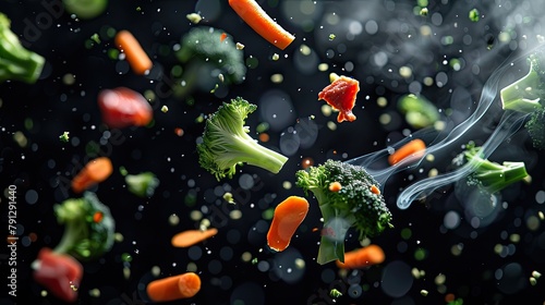 cinematic low - angle shot, product photography, carrots broccoli and red meat pieces flying in the air, black background, 