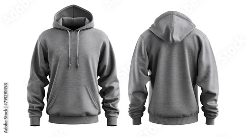 Front and back view of a gray hoodie with no print on transparent background