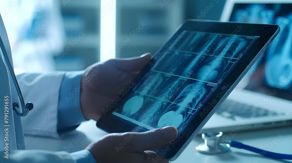 A doctor uses a tablet to display X-ray medical images A doctor uses a tablet to display X-ray medical images