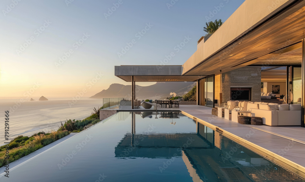 Naklejka premium modern house in Cape Town with an infinity pool overlooking the ocean, large open living room with terrace and swimming area