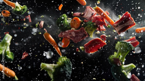 cinematic low - angle shot, product photography, carrots broccoli and red meat pieces flying in the air, black background 
