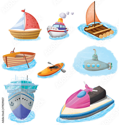 set of water transport hand-made cartoon illustration
