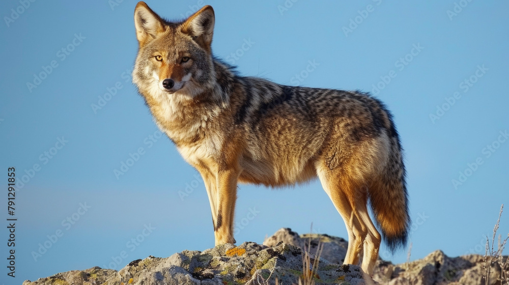 A coyote with its amber eyes and sleek fur standing atop a rocky outcrop its howls harmonizing with the rustling wind. . A coyote with its amber eyes and sleek fur standing atop a rocky outcrop its howls harmonizing with the rustling wind. .