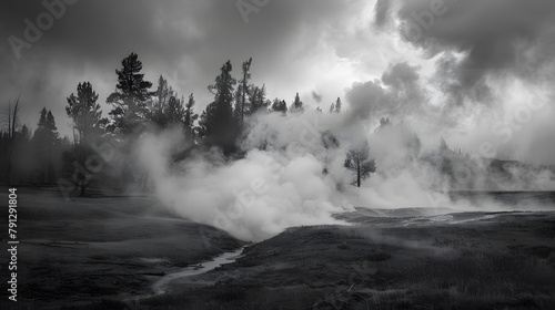 SA, Wyoming, Yellowstone National Park, Firehole Lake Drive, steam from hot springs rising © Jing